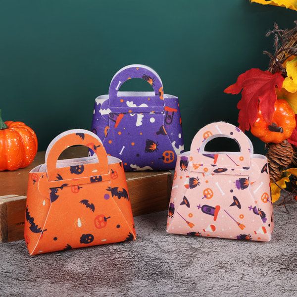 Mub- New Halloween Party Decor Candy Bag Gift Wrap Small Size Trick or Treat Hand Bag Witch Ghost Pumpkin Print Packing Tote Bag Orange