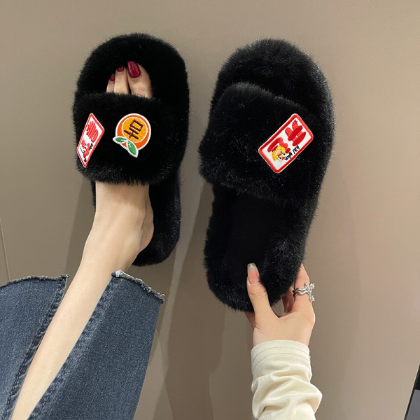 Mub- Furry warm home slippers ladies indoor flat bottom non-slip floor slippers Beige thick bottom 35