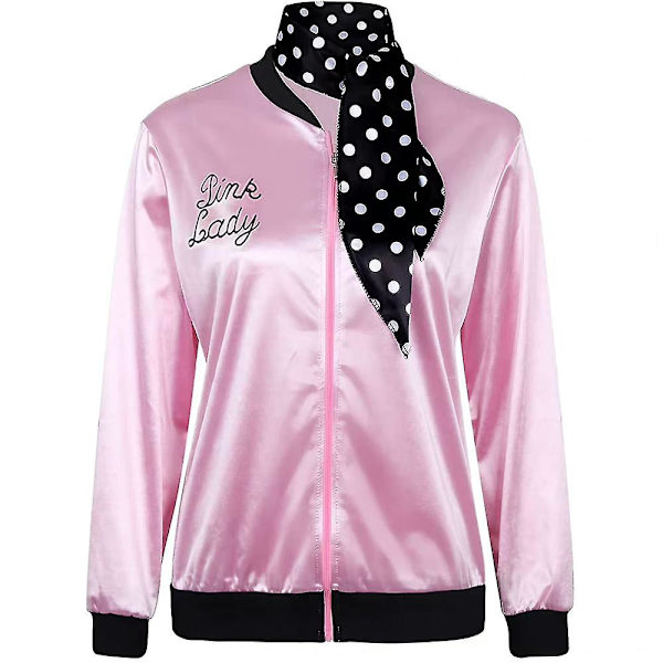 1950s Women Lady Girls Pink Satin Jacket Halloween Cosplay Costume Fancy Dress Coat With Neck Scarf -a 2XL
