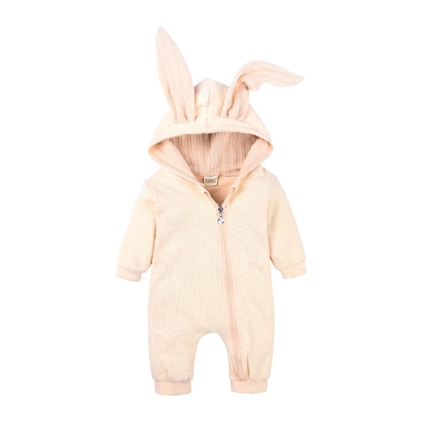 Mub- Easter Cartoon Bunny Ears Long Sleeve zipper clothing  One-piece Romper Rabbit Hooded Jumpsuit  Newborn Baby Bodysuit Beige 80cm