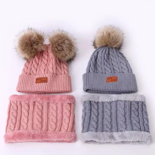 Mub- Factory Wholesale custom Warm Pom Pom Hats Kids Children Winter 3 pcs Knit Hat Scarf &Glove Sets Knitted Hat #5 beige