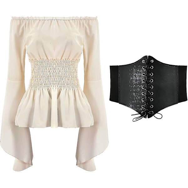 Womens Renaissance Blouse Tops Corset Waist Belt Medieval Victorian Off Shoulder Long Sleeve Shirt Pirate Cosplay Costumes -a Beige X-Small