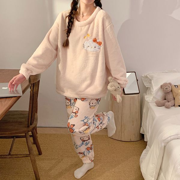 Mub- Flanelpyjamas kvindelig sød efterår vinter loungewear Pink KT kat Pink KT cat XXL