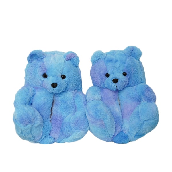 Mub- Teddy bear slipper Söta nallebjörn plyschtofflor för pojkar och flickor hem varma bomullstofflor Blue tie-dye 36-41