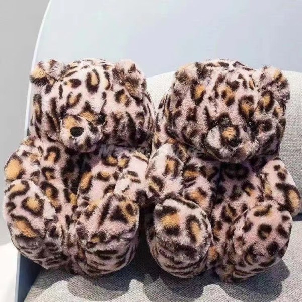 Mub- Teddybjørn tøfler Søte teddybjørn plysj tøfler for gutter og jenter hjem varme bomull tøfler Leopard print 36-41