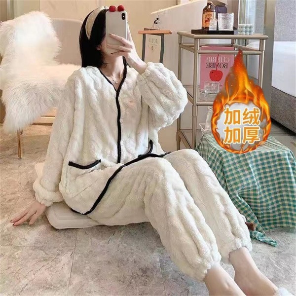 Coral Velvet Pyjamas Plys fortykket varm hjemmekostume white 2XL [Suggested 135-150kg]