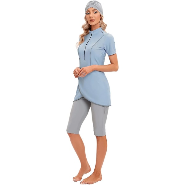 Kvinde Modest Badetøj Islamisk Muslimsk Badetøj Kortærmet Lynlås Foran Top Shorts Bukser Hijab 3pcs Svømmedragt S-4xl Xinmu -a Light Blue M