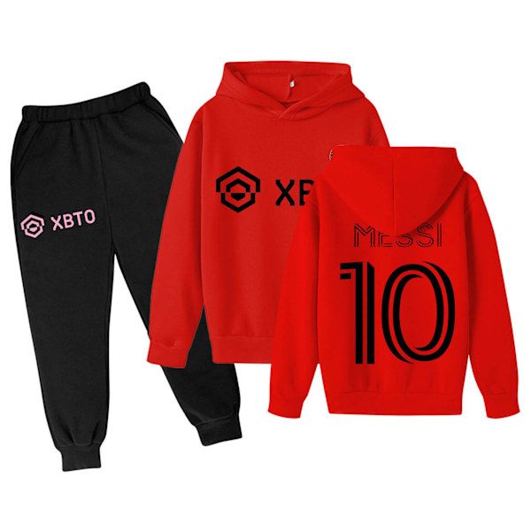 Xbi- No.10 Messi barn pojkar casual sportkläder fotboll huva tröja träningsbyxor tröja 140 red