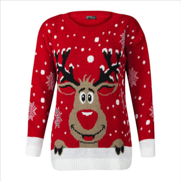 Mub - Juletrøje Dame Løs Plus Størrelse Langærmet Fawn Jacquard Pullover Strikket Baselayer red M
