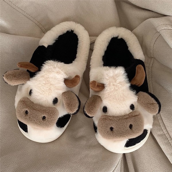 Mub- XIXITIAO Søte ku fuzzy dyre plysj tøfler varme hjem innendørs vinter PVC bomullsstoff vintersko vintersandaler for kvinner White 40-41