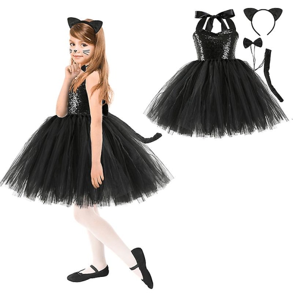 Kids Girl Black Cat Dress Cosplay Party Carnival Costume With Hair Accessories, Tail -a 6T(110-125CM)