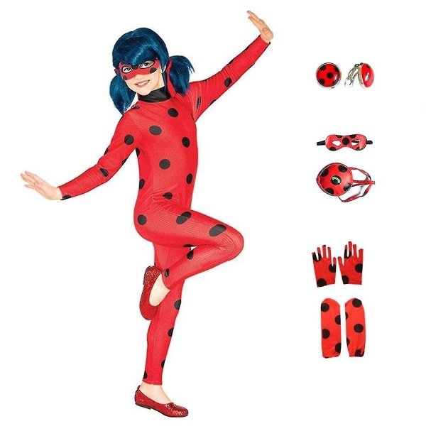 Best Discount-5pcs/set Kids Girl Ladybug Costume Cosplay Set Halloween Costume With Blindfold, Wig, -a S