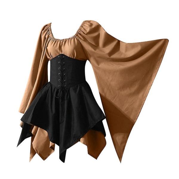 Naisten keskiaikainen cosplay-asu goottilainen vintage pitkähihainen korsettimekko Halloween -a Khaki black 5XL