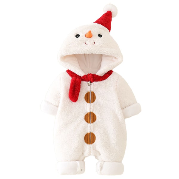 Mub- Winter Thickened Baby Bodysuit Coral Plush Cute Snowman Hooded Plush Sweetheart Boys and Girls Cotton Creeper White 66cm