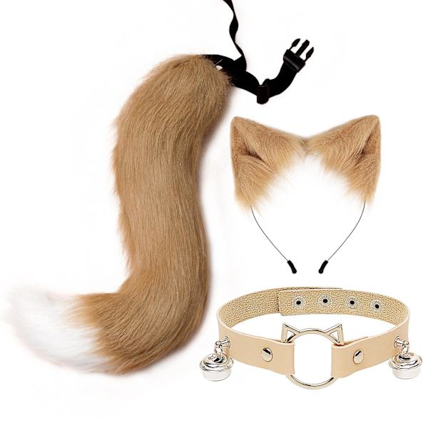 3 stk. Cosplay Katte Søde Ører Pandebånd Pelsagtig Ræv Hale Klokke Halskæde Choker Sæt Legetøj -a Khaki