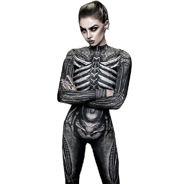 Womens Halloween Costume Skeleton Print Bodysuit Skinny Jumpsuit -a S