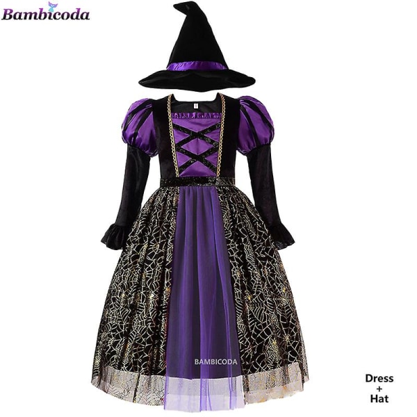 Halloween Children Girls Witch Party Dress Gothic Ghost Costume Kids Gown Robe Tutu Dress Witch Hat For Purim Carnival Party -a c1 3T(100)