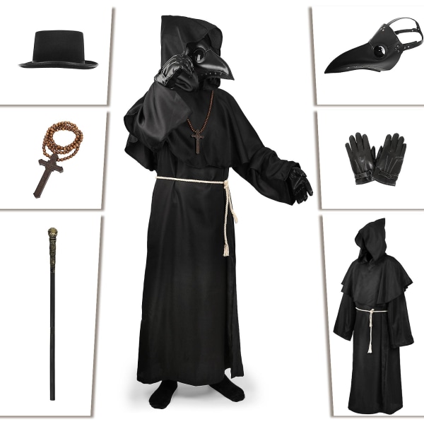 Adult Plague Doctor Cosplay Costume Halloween Medieval Monk Plague Doctors with Bird Beak Mask Black Cloak Robe with Hood -a one set M