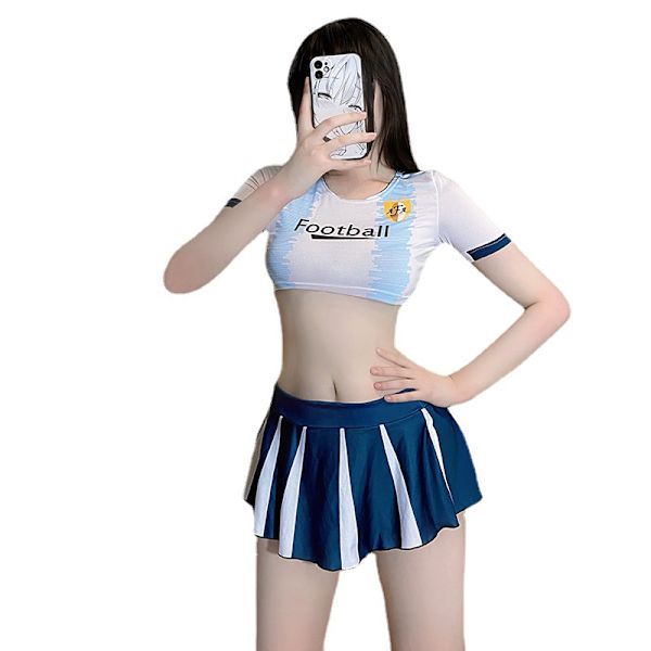 Mub- Hot lady New Sexy lingerie Female Halloween Cheerleader Costumes for Cosplay Party football team Messi jersey Blue+White Free