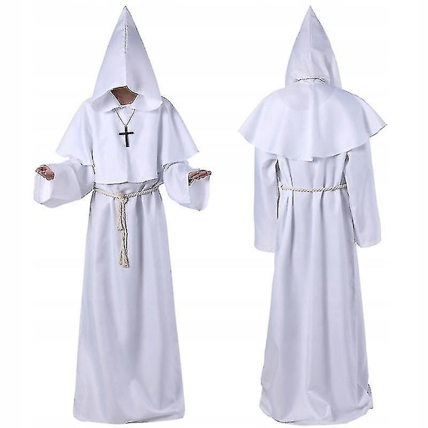Velho Puku Keskiaikainen Hupullinen Kaapu Pappi Asu -a White XL
