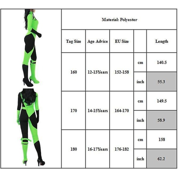 Girls Kim Possible Shego Cosplay Costume Bodysuit Jumpsuit Carnival Party -a 14-15 Years