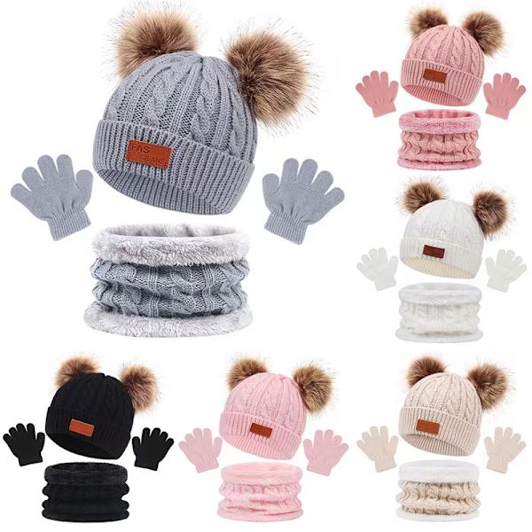 Mub- Factory Wholesale custom Warm Pom Pom Hats Kids Children Winter 3 pcs Knit Hat Scarf &Glove Sets Knitted Hat #2 pink