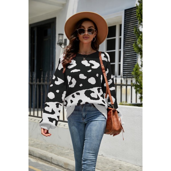 Mub - Vinter jul 2023 rund hals tofarvet leopard print strikket mode kvindetrøje sweater kvinder black L