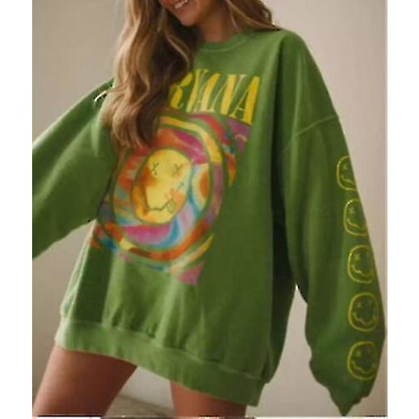 Nirvana Smiley Face Crewneck Sweatshirt Heliconia Color Nirvana Sweatshirt Present Green 3XL