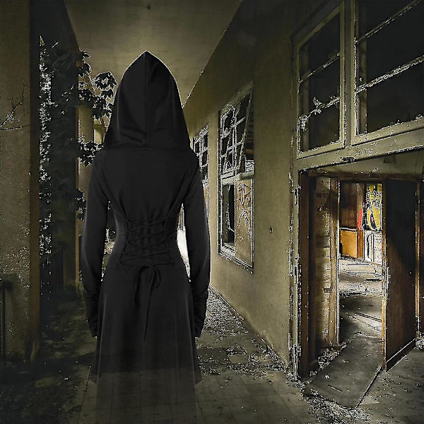 Retro Kvinde Solid Renæssance Middelalderlig Kostume Gotisk Langærmet Snøre Hætte Kjole -a Black XL