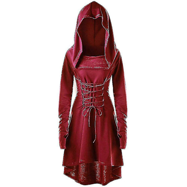 Retro Dame Solid Renæssance Middelalderlig Kostume Gotisk Langærmet Snørebånd Hætte Kjole -a Wine Red M