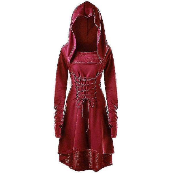 Retro Womens Solid Renaissance Medieval Costume Gothic Long Sleeve Lace Up Hooded Dress -a Wine Red S