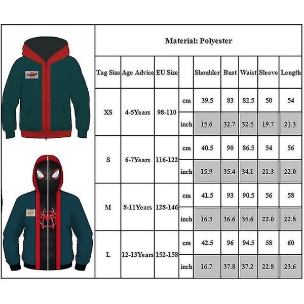 Verse Miles Morales Cosplay Full Zip Hoodies Jakke Spiderman Into The Spider Kids Hættetrøje Drenge Piger Casual Ydertøj -a General style 8-11 Years