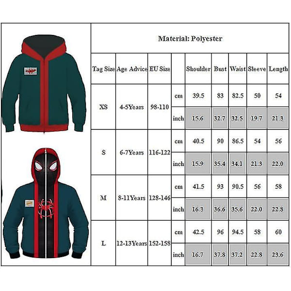 Verse Miles Morales Cosplay Full Zip Hoodies Jakke Spiderman Into The Spider Kids Hættetrøje Drenge Piger Casual Ydertøj -a Mask style 12-13 Years