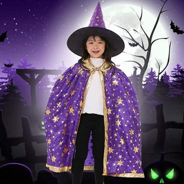 Trollkarl Cape med hatt, Halloween Kids Costumeswitch Cape för barn, halloween rekvisita Lila