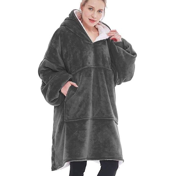 Pehmeä ja lämmin hupparipeitto, jossa on iso tasku - Flanelli Gray