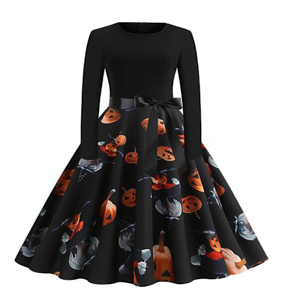 Mub- ZHEZHE Aikuisille Halloween-asu pitkähihainen naisten mekko painettu Maxi naisten mekko Halloween-vaatteet vyöllä Halloween-6 L