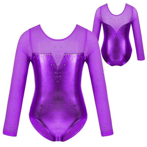 Sparkly Rhinestone- Metallic Long-sleeve, Gymnastics Leotard, Dance Costume -a Purple 10