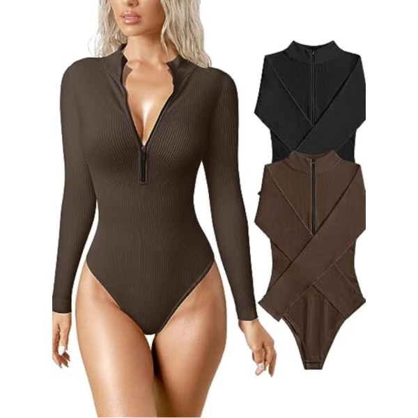 Mub- 2024 Långärmad Sexig Ribbad Dragkedja Fram Lång Ärm Topp I Ett Stycke Body light gray L