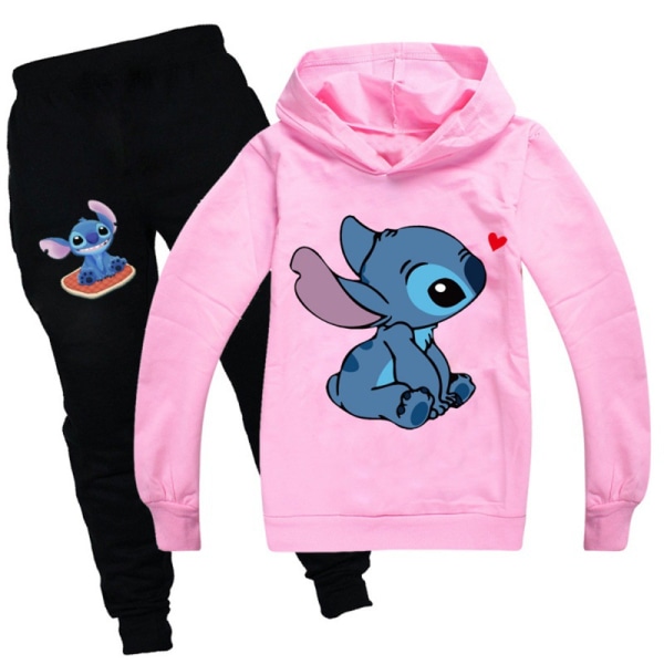 Barn Lilo & Stitch Hoodie Sweatshirt Långa joggingbyxor Träningsoverall -a Pink 160cm
