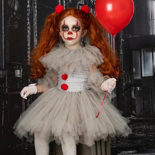 Pennywise Kids Girls Clowns Carnival Party Cosplay Costume Dress + Gloves + Hair Clip Set -a 5-6 Years