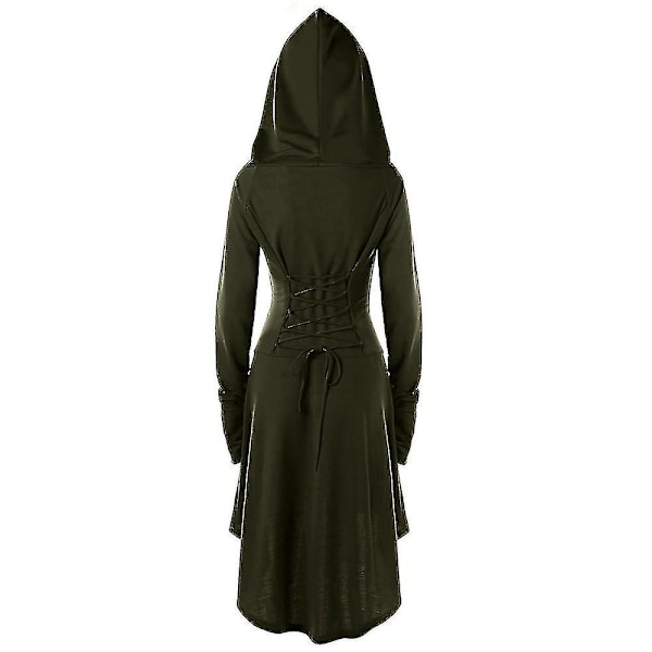 Retro Kvinde Solid Renæssance Middelalderlig Kostume Gotisk Langærmet Snøre Hætte Kjole -a Army Green XL