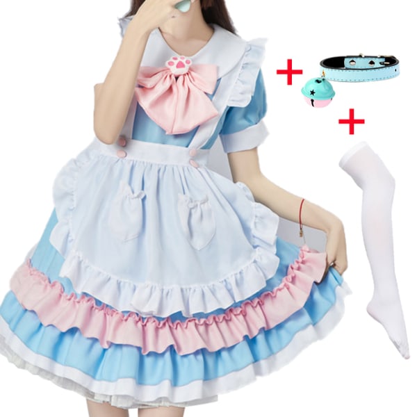 Mub- Maid Theme Restaurant Cafe Cosplay Dress Collar Bell White ocks stocking exy Dress Consume Maid Anime Maid Cosplay Costume 02 S