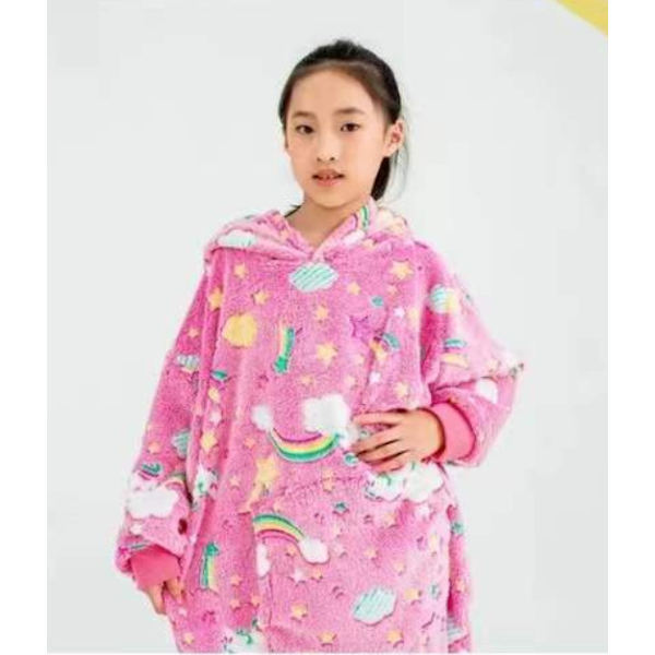 Mub- Pyjamas, løs pyjamas med hætte, morgenkåber, dobbeltsidet fleece, varmebevarende hættetrøje tæppe Children's rainbow