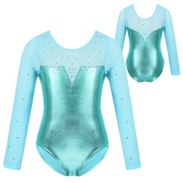 Funklende Rhinestone- Metallic Langærmet, Gymnastik Leotard, Dansedragt -a Lake Green 6