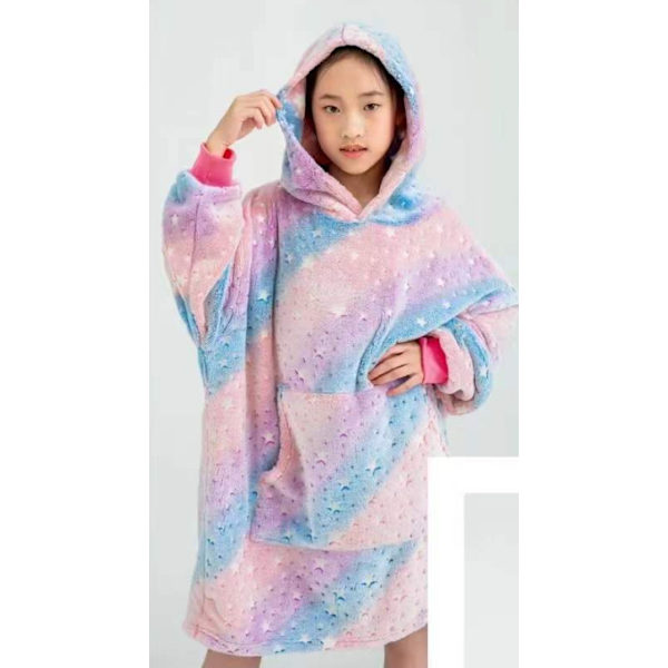 Mub- Pyjamas, løs pyjamas med hætte, morgenkåber, dobbeltsidet fleece, varmebevarende hættetrøje tæppe Children's Stars