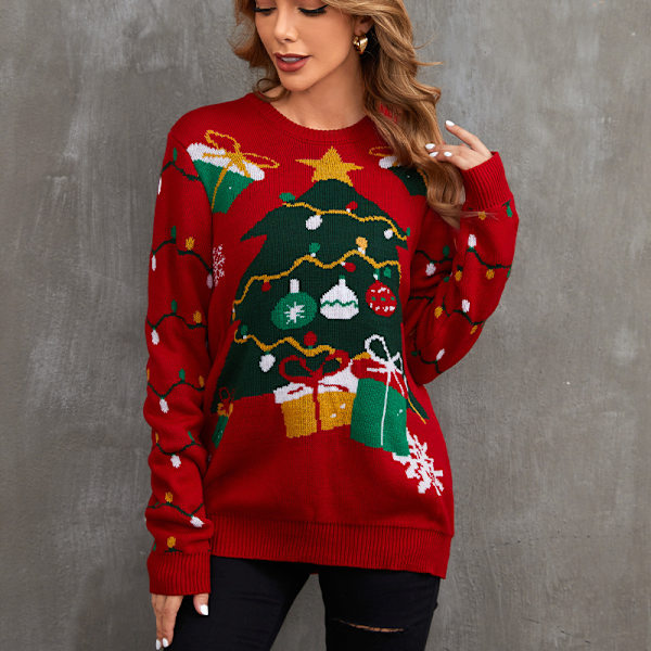 Mub - Juletrøje Dame Efterår/Vinter Langærmet Slouchy Crewneck Pullover Strikket red XXL