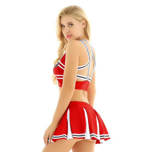 Women Japanese Schoolgirl Cosplay Uniform Girl Sexy ingerie Sleeveless Crop Top with Mini Pleated Skirt Cheerleader Costume Set -a Red L