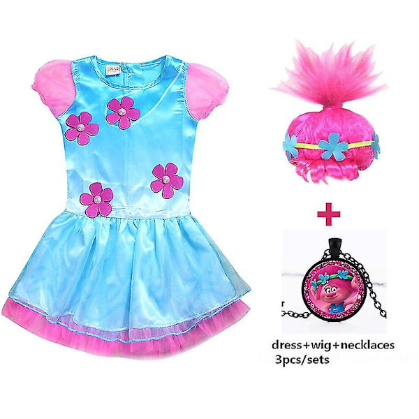 Tyttöjen mekot Trolls Poppy Cosplay -asut Mekko tytöille Katuvaatteet Halloween -vaatteet Lapset Kaulakoru Peruukki Hieno tyttömekko -a 881-3pcs 110(3-4Y)
