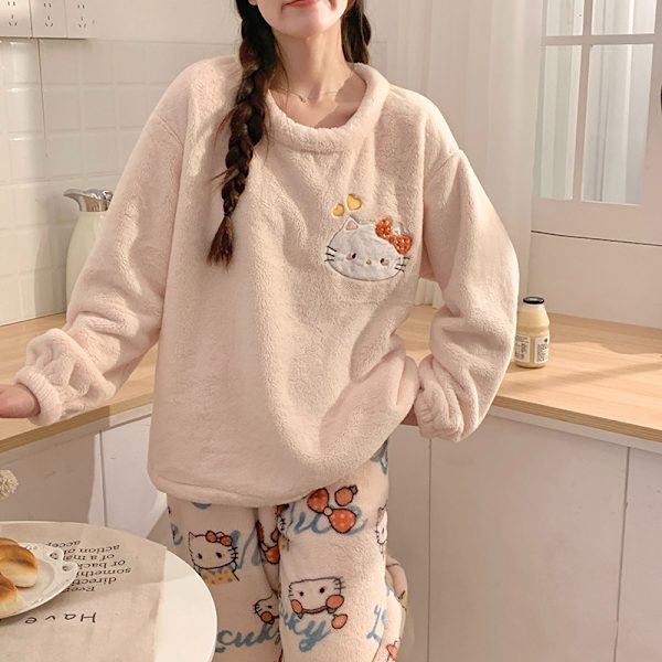 Mub- Flanel Pyjamas Kvindelig Sød Efterår Vinter Loungewear Pink KT Kat Pink KT cat XL