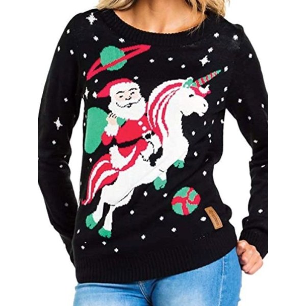 Mub- Efterår/vinter Kvindernes strikkede tøj Tegneserie Jacquard Løs Rund hals Pullover Juletrøje Black cartoon Santa Claus XXL